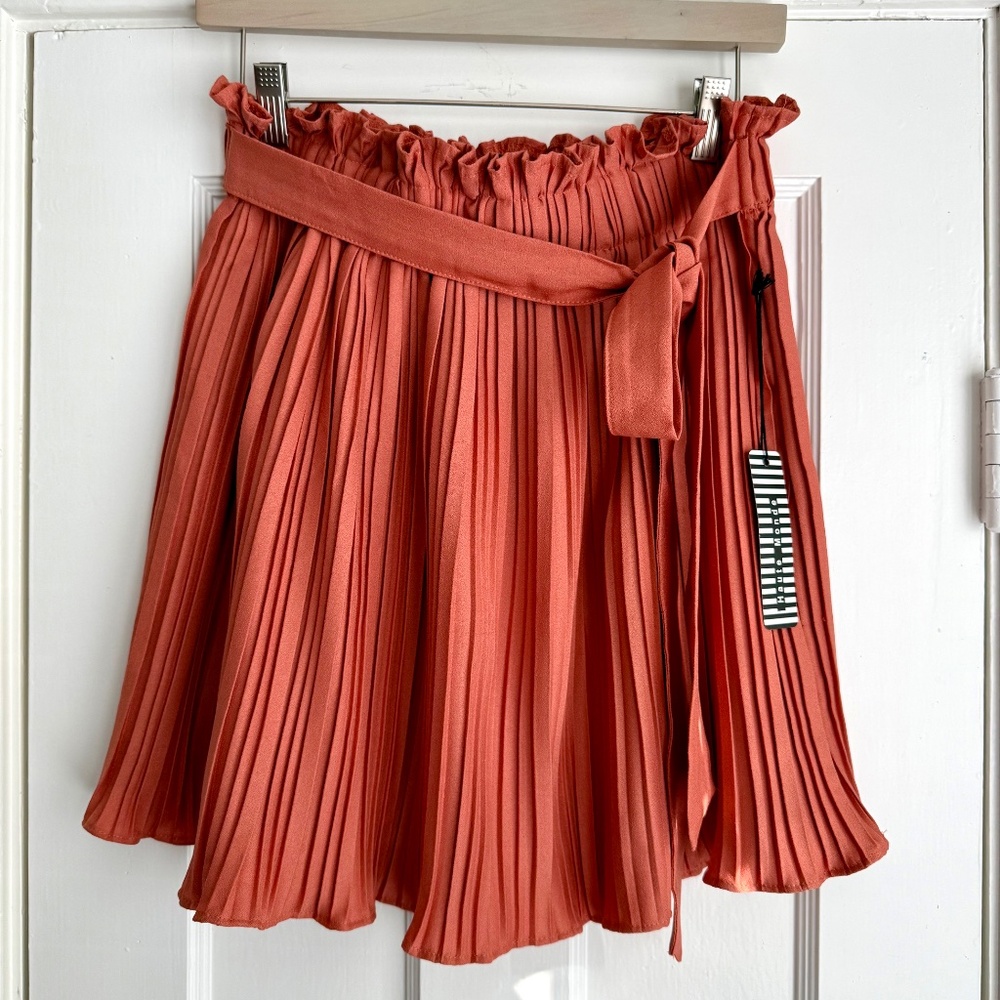 Haute Monde Preppy Pleated Elastic Waist Mini Skirt in Rust Size L